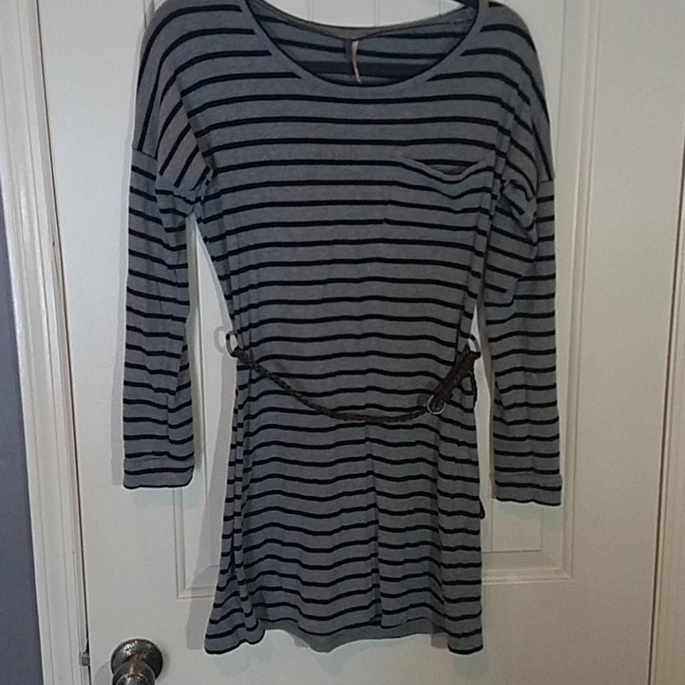 Grey and black striped tunic with belt